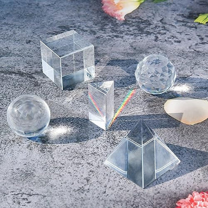 Supkiir 5 Pack K9 Optical Crystal Photography Prism Set with Crystal Ball Glass Triangular Prism Cube Lens Prism Ball and Optical Pyramid, Portable Rainbow Prism for Photos and Teaching Light Spectrum