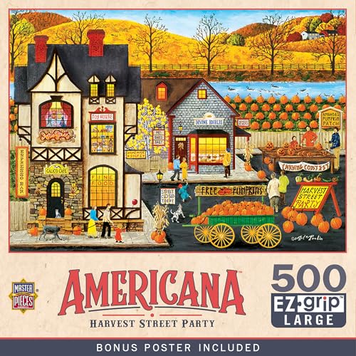 MasterPieces - 500 Piece Jigsaw Puzzle, Large EZ Grip Shapes, Harvest Street Party, Fun for Adults, Seniors, Family, Kids, 19.25" x 26.75" - style: Harvest Street Party