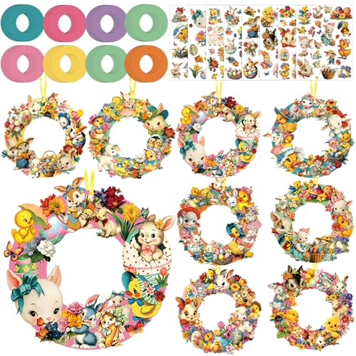 Hollowfly 48 Sets Easter Wreath Craft Kits, DIY Spring Bunny Paper Crafts - style: Vintage Easter