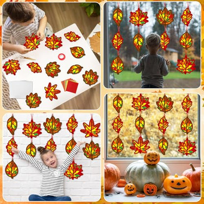 Qyeahkj 36 Set Fall Maple Leaves Suncatchers Crafts for DIY Autumn Window Tissue Paper Crafts Kit Thanksgiving Maple Hanging Decor for Fall Home Activity Art Project Birthday Party Favor Gift - style: Fall Maple