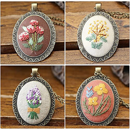 ZOCONE 4 Packs Embroidery Necklace Kits, Embroidery Pendant Kit Mini Cross Stitch Kit with 4 Hoops, Necklace, Pendant, Stamped Pattern Cloth, Instructions, etc., Embroidery Kits for Adults - color: 4 Packs-B