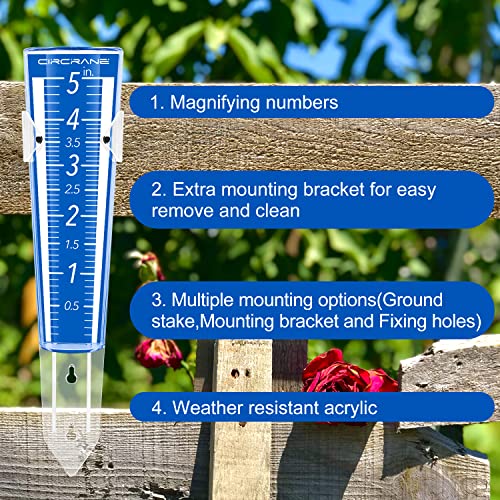 Circrane 5-Inch Capacity Outdoor Rain Gauge with Additional Hang Bracket& Stainless Steel Screws, Magnifying Scale and Numbers Design for Easy Read (Blue) - color: Blue