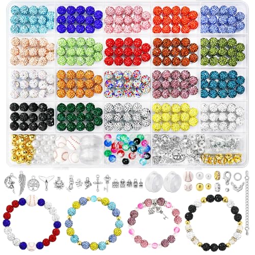 Dowarm 480PCS 10mm Rhinestone Beads Kit for Jewelry Making Baseball Necklace Friendship Bracelet, Round Disco Ball Rhinestone Clay Beading Set with Crackle Spacer Beads Charms for DIY Crafting - color: Mix 20 Colors