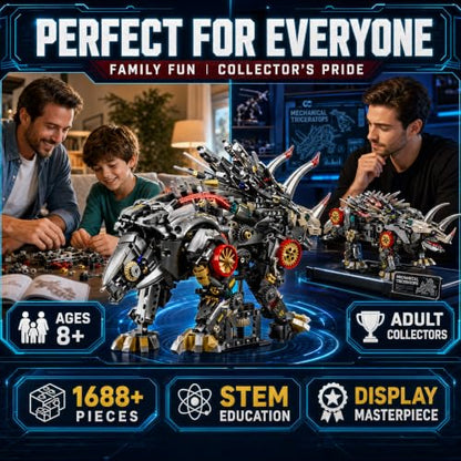Mechanical Triceratops Dinosaur Building Kit, 1688 Pcs Motorized Walking STEM Toy with 2-in-1 Manual & Electric Battery Motor, LED Lights, Movable Joints, Gift for Kids & Adults