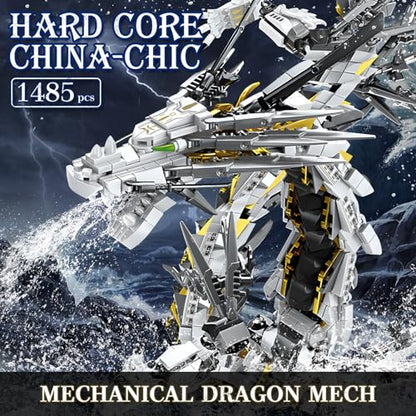 HIGH GODO Dragon Building Blocks Sets for Adults, White Mechanical Dragon Animal Building Model Collectible Display Toys, Cool Creative Gifts for Teens Fans (1485 Pieces) - style: White Hurricane Dragon