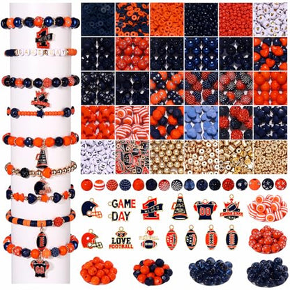 2200PCS+ Game Day Beads Charms for Bracelet Making Polymer Clay Beads Crystal Pearl Letter Gold Spacer Beads Football Charms for Game Day Bracelet Necklace Making DIY Crafts - color: Orange Navy