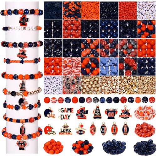 2200PCS+ Game Day Beads Charms for Bracelet Making Polymer Clay Beads Crystal Pearl Letter Gold Spacer Beads Football Charms for Game Day Bracelet Necklace Making DIY Crafts - color: Orange Navy