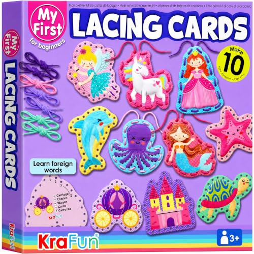 KRAFUN Princess, Unicorn & Mermaid Lacing Cards Age 3+ | 10 Projects - color: Girly - Large