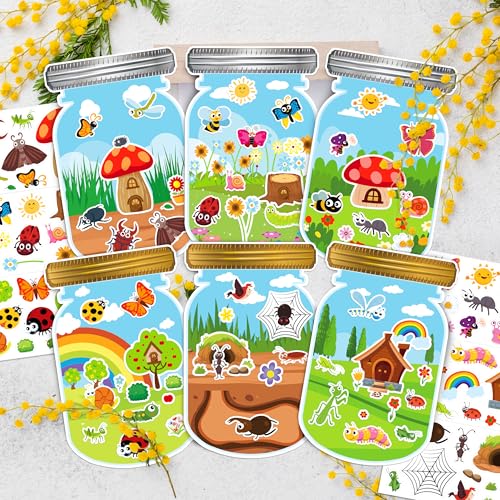 LINAYE 24 Sheets Insect Stickers with Jar Scenes, Make Your Own Bug Jar Stickers, Spring Crafts Activities for Kids Spring Party Decorations Supplies for Kids - style: Bugs Jar 24 Sheets