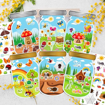 LINAYE 24 Sheets Insect Stickers with Jar Scenes, Make Your Own Bug Jar Stickers, Spring Crafts Activities for Kids Spring Party Decorations Supplies for Kids - style: Bugs Jar 24 Sheets