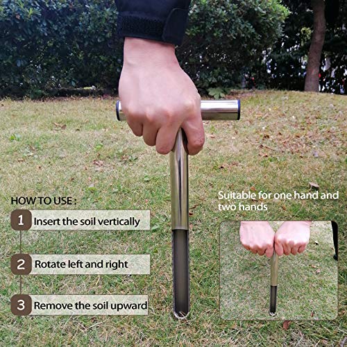 HiHydro 12 Inch Stainless Steel Soil Probe with 2 Sample Bags, T-Handle Soil Test Kit for Plant Care, Garden, Lawn, Farm - size: D