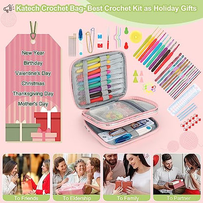 Katech Crochet Hooks Set with Case, 73-Piece Crochet Hooks Kit Knitting Accessories Ergonomic Aluminum Alloy Crochet Hook Colorful Crochet Needles for Making Socks, Gloves, Bag, Hat, Sweaters - color: Flowers Pattern