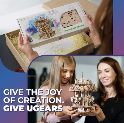 UGEARS Carousel 3D Wooden Puzzles for Adults - Mechanical 3D Model Self-Assembling Craft DIY Kit Adult 3D Puzzle Gift, Wooden Model Kits for Adults