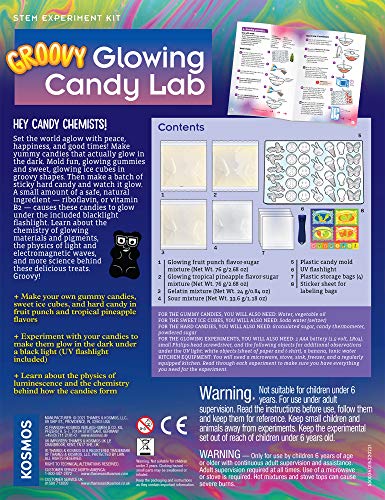 Thames & Kosmos Groovy Glowing Candy Lab STEM Kit | Make Glow-in-the-Dark Candies, Ice Cubes | Explore Luminescence & Chemistry of Gummies | Cool Shapes, Flavors, Safe to Eat | Includes LED Flashlight