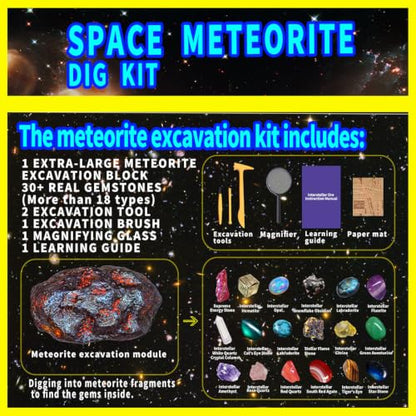Meteorite & Space Gemstone Dig Kit – Dig Up 30+ Real Gemstones and Crystals, Science Kit for Kids, Gem Digging Kit, Gift for Girls and Boys, Mining Kit, Rock Collection, Age 6+, STEM Educational Toys