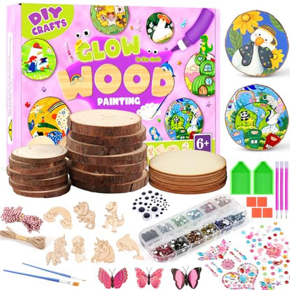 Sulataya Wooden Painting Kit, Wood Slices Craft Kit Gift Set with Assorted Gems & Diamond Painting Tools – Creative Art Activity Supplies for Adults Beginners