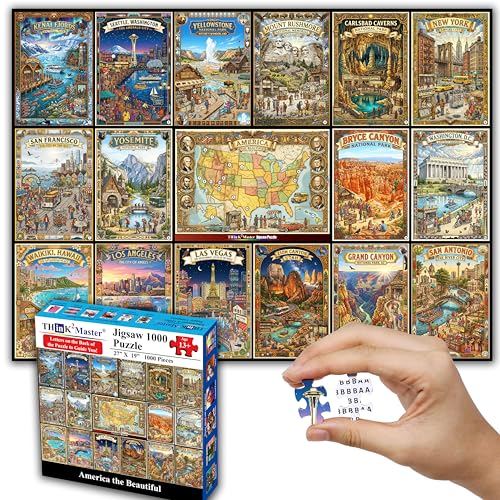 Think2Master America the Beautiful 1000 Pieces Large Format Jigsaw Puzzle: 13+, Teens, Adults & Families. USA's Most Famous Destinations in Vibrant, Vintage-Style Travel Posters. Size: 26.8” X 18.9” - style: America the Beautiful