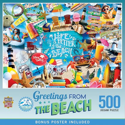 MasterPieces 500 Piece Jigsaw Puzzle for Adults, Family, Or Youth - Greetings from the Beach - 15" x 21" - style: The Beach