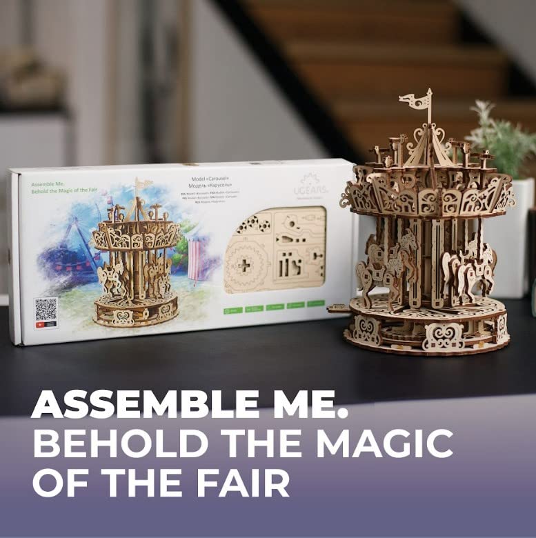 UGEARS Carousel 3D Wooden Puzzles for Adults - Mechanical 3D Model Self-Assembling Craft DIY Kit Adult 3D Puzzle Gift, Wooden Model Kits for Adults