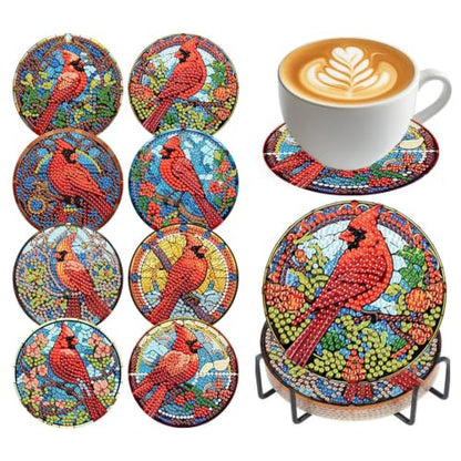 Christmas Cardinal Diamond Art Coasters Kit,8 Pcs Diamond Painting Coasters - color: Cardinal