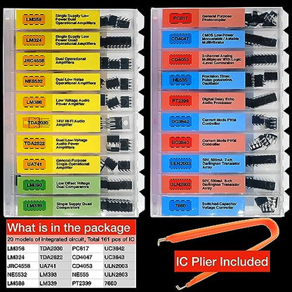 EEEEE IC kit 161 pcs, 20 Models Chip Assortment Set Analog Integrated Circuits Electronics Parts Opamp Pack, 555 Timer Components, Op Amp, Oscillator, Pwm, IC Plier Included UA741 LM358 and More..