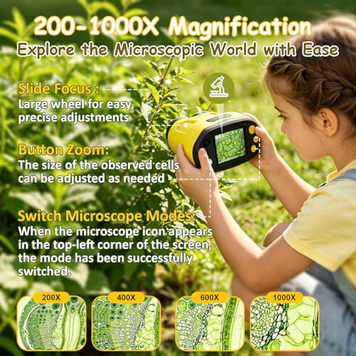 1000X Handheld Microscope for Kids 2.0" Screen 32GB Card Included - color: Yellow