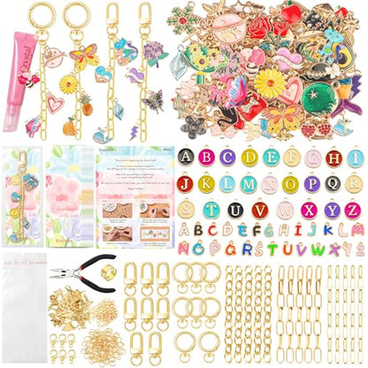 Ecoofor 400Pcs Charms Lip Gloss Keychain Making Kit, DIY Craft Supplies with Charms, Key Hooks, Jump Rings, Lobster Clasps, Chains & Tools, Jewelry Kit for Custom Keychains, DIY Handmade Gift - color: Gold - 400 Pcs Kit