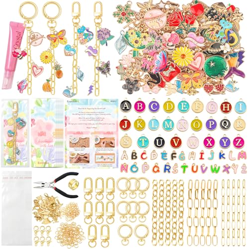 Ecoofor 400Pcs Charms Lip Gloss Keychain Making Kit, DIY Craft Supplies with Charms, Key Hooks, Jump Rings, Lobster Clasps, Chains & Tools, Jewelry Kit for Custom Keychains, DIY Handmade Gift - color: Gold - 400 Pcs Kit
