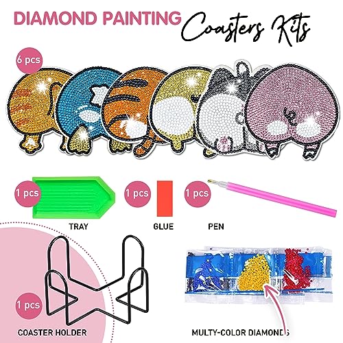 6 pcs Diamond Painting Coasters | Diamond Art Coasters | Animal Butt Diamond Art Painting | Perfect Art Craft Gift for Animal Lover, Dad, Mom, Grandparents, Brother, Sister. - color: Animal Butt Coasters