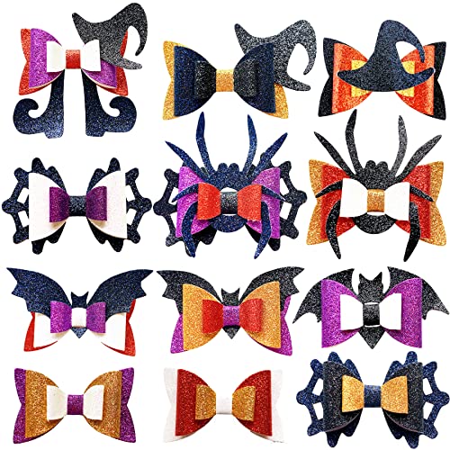 AOUXSEEM 24 Set Shimmer Glitter Faux Leather Bows DIY Making Kit, Make Spider Bat Cat Shape Halloween Themed Hair Clips for Girls Women Gifts