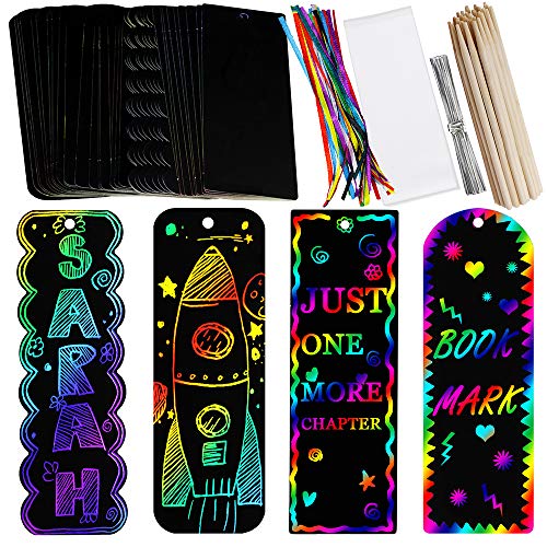 Supla 36 Sets 4 Style Magic Scratch Rainbow Bookmarks Making Kit for Kids Students Party Favor Scratch Paper DIY Bookmarks Bulk with Scratching Tools Satin Ribbons for Classroom Activities - size: Small