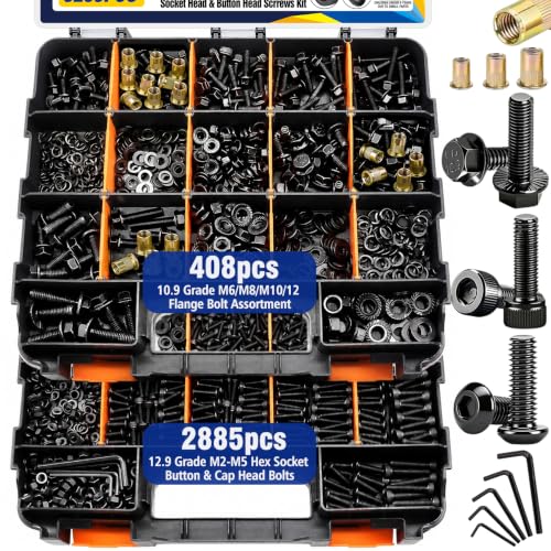 3295PCS Metric Bolt & Screw Assortment Kit, M2 M3 M4 M5 M6 M8 M10 M12 Flange Bolts, Machine Screws, 10.9 Grade, Nuts, Washers, Lock Washers & Rivet Nuts, Hex Socket & Button Head, Black Zinc Plated - color: Black-3295PCS M2 M3 M4 M5 M6 M8 M10 M12