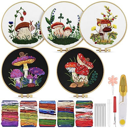 Embroidery Kit for Adult, 5 Sets Mushroom Embroidery Kit for Beginners - color: Mushroom