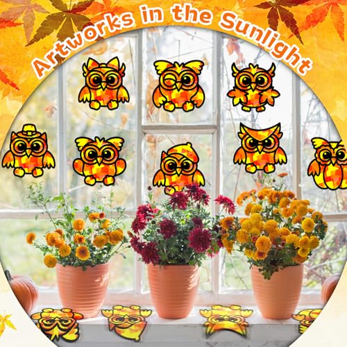 QOUBAI 32 Sets Fall Owl Suncatchers Craft Kit DIY Window Stained Glass Effect Autumn Owl Paper Crafts Home School Classroom Decoration Kid Birthday Gift Creative Art Project Activity Game - style: Fall Owl