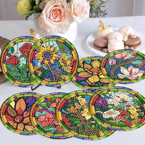 8 Pcs Diamond Art Coasters Kit for Adult with Holder, Diamond Coaster 4x4in - color: Flowers Coasters-E, size: 8 Pcs 4x4in