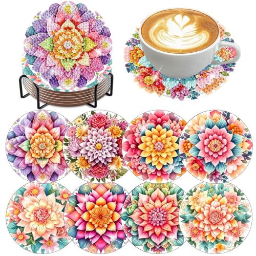 XUCNWL 8 PCS Flowers Diamond Art Coasters Kit for Adults,4X4 Inch - color: Flower-3