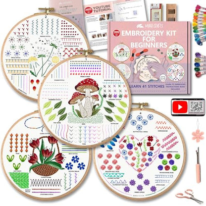 Moni Crafts Adult Beginner Embroidery Kit – 4 Pre-Printed Patterns (Flower, Mushroom, Floral, Heart) – Learn 41 Stitches, Hand Embroidery Starter Craft Set - color: Beginners - Practice B