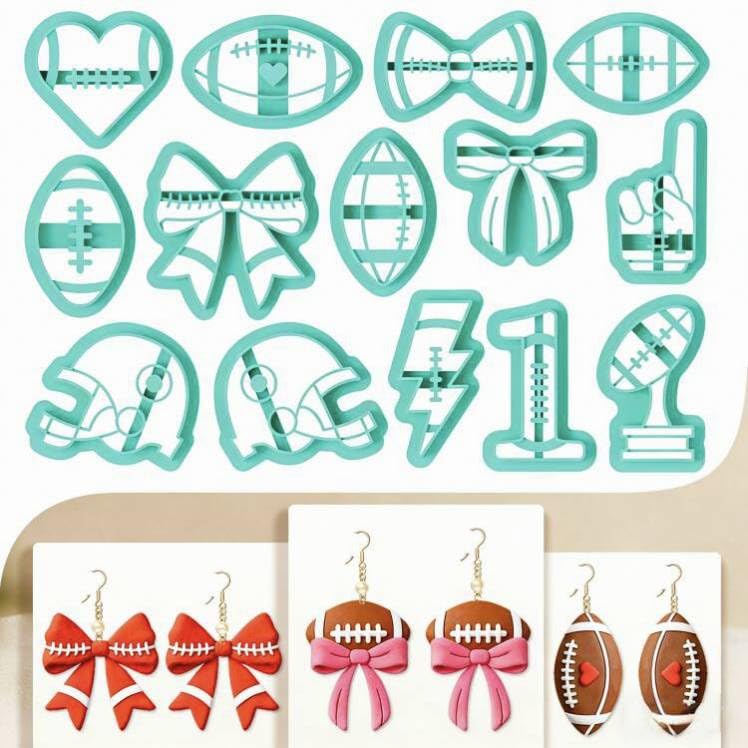 14Pcs Rugby Football Polymer Clay Cutters Bow Heart Polymer Cutter for Clay Earrings Making Festival Jewelry DIY - color: Rugby
