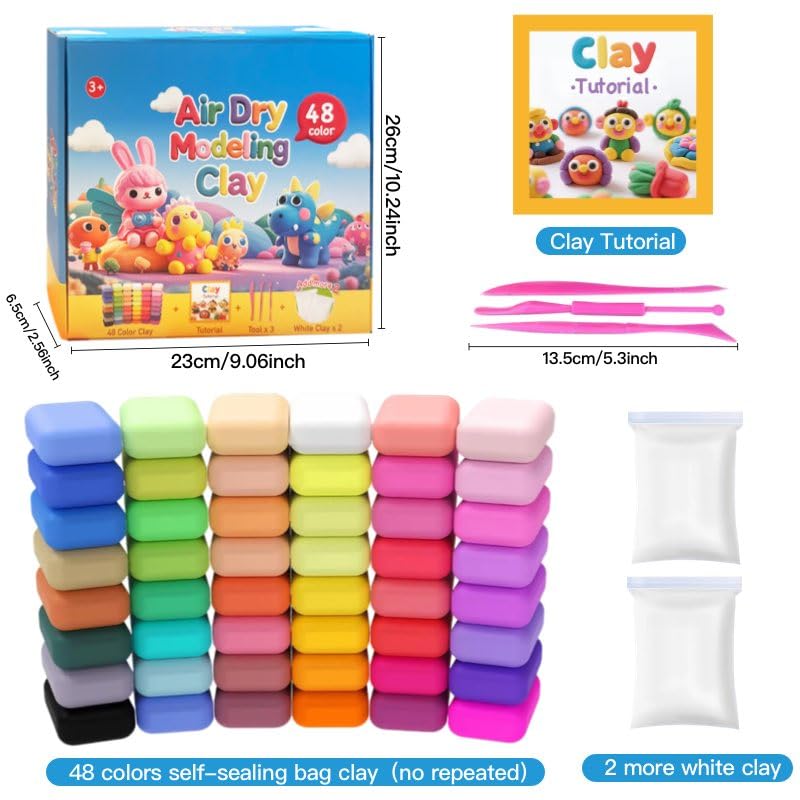 48 Colors Air Dry Modeling Clay with Bonus 2 White, Ultra Light Molding Clay Kit & Tools Gift Set for Kids Boys Girls, Soft Non-Sticky Magic Clay for Art Crafts