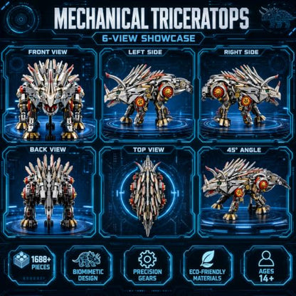 Mechanical Triceratops Dinosaur Building Kit, 1688 Pcs Motorized Walking STEM Toy with 2-in-1 Manual & Electric Battery Motor, LED Lights, Movable Joints, Gift for Kids & Adults
