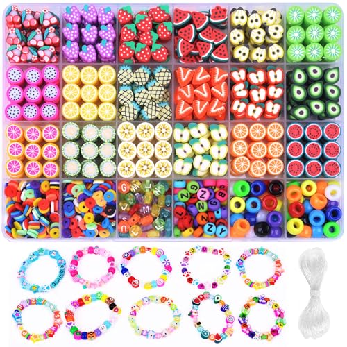 1000PCS Polymer Clay Beads Bracelet Making kit, 24 Style Cute Fun Beads Fruit Beads Charms for Jewelry Necklace Earring Making DIY Accessories for Women Girls - color: D1#Style 4