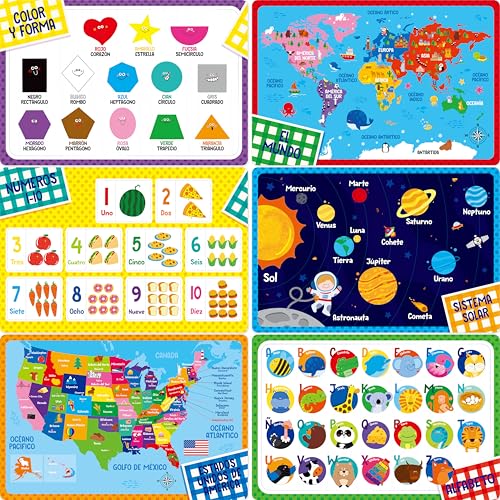 6 Pack Placemats for Kids, Non-Slip Washable Table Mats, Reusable Spanish Alphabet, Number, Shape & Color, Universe, Map Themed Educational Placemats for Home, Kindergarten, Classroom, Nursery - style: Spanish