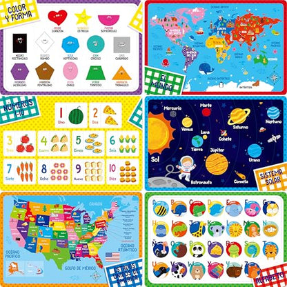 6 Pack Placemats for Kids, Non-Slip Washable Table Mats, Reusable Spanish Alphabet, Number, Shape & Color, Universe, Map Themed Educational Placemats for Home, Kindergarten, Classroom, Nursery - style: Spanish