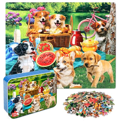 LELEMON Puzzles for Kids Ages 4-6,Dogs 100 Piece Puzzles for Kids Ages 4-8 in a Metal Box,Educational Jigsaw Puzzles 100 Piece Puzzle Games Puzzle Toys for Girls and Boys - color: Picnic Dogs