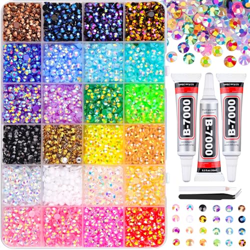 9000Pcs Resin Jelly Rhinestones with Tweezers for Crafting, Mixed-Color 5mm Flatback Gems, Bedazzling Crystal with 3Pcs 10ml B7000 Jewelry Glue for DIY Crafts Clothing Tumblers Shoes Nail Art - color: Jelly Multicolored 5mm, size: Large Pack + 3Pcs Glue