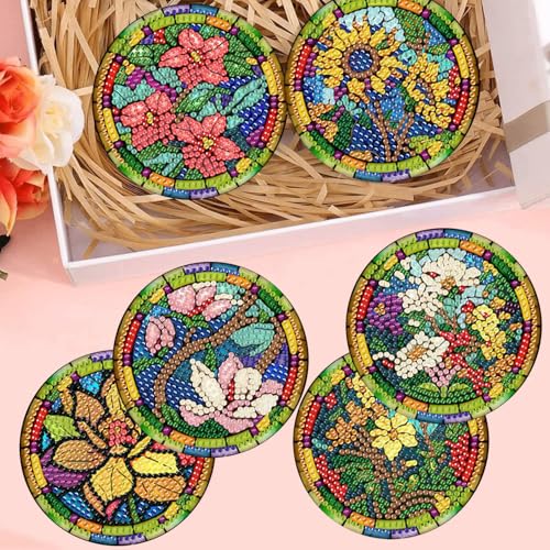 8 Pcs Diamond Art Coasters Kit for Adult with Holder, Diamond Coaster 4x4in - color: Flowers Coasters-E, size: 8 Pcs 4x4in