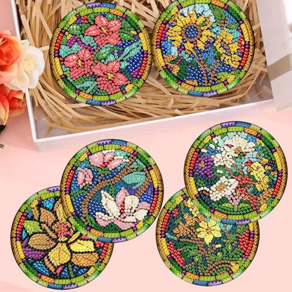 8 Pcs Diamond Art Coasters Kit for Adult with Holder, Diamond Coaster 4x4in - color: Flowers Coasters-E, size: 8 Pcs 4x4in