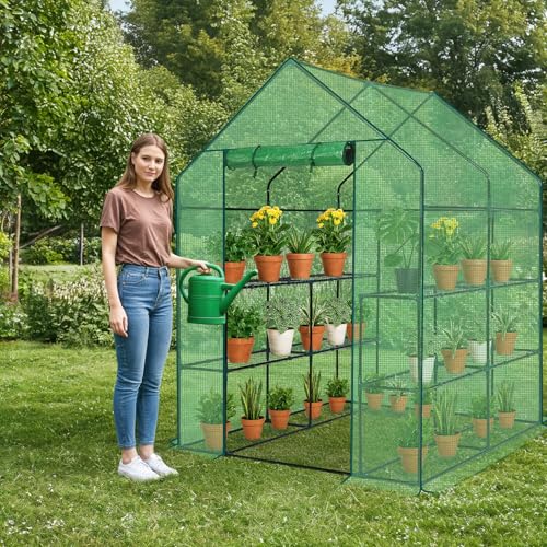 Outvita Walk-in Greenhouse, 3 Tiers 8 Shelves, Durable PE, 56"x56"x77" - style: 3 tiers 8 shelves