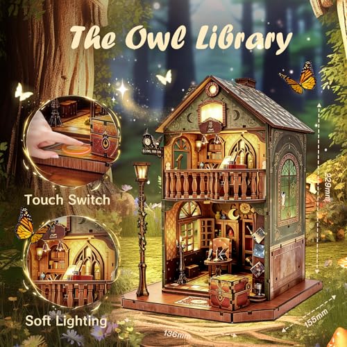 Book Nook Kit DIY Miniature House with LED Light, 3D Wooden Puzzle Owl Library Bookshelf Insert, DIY Craft Model Kit for Adults & Teens, Creative Bookshelf Decor Gift - style: Owl library