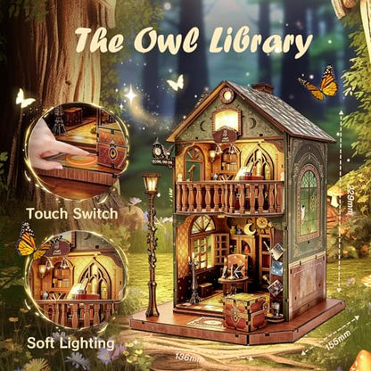 Book Nook Kit DIY Miniature House with LED Light, 3D Wooden Puzzle Owl Library Bookshelf Insert, DIY Craft Model Kit for Adults & Teens, Creative Bookshelf Decor Gift - style: Owl library